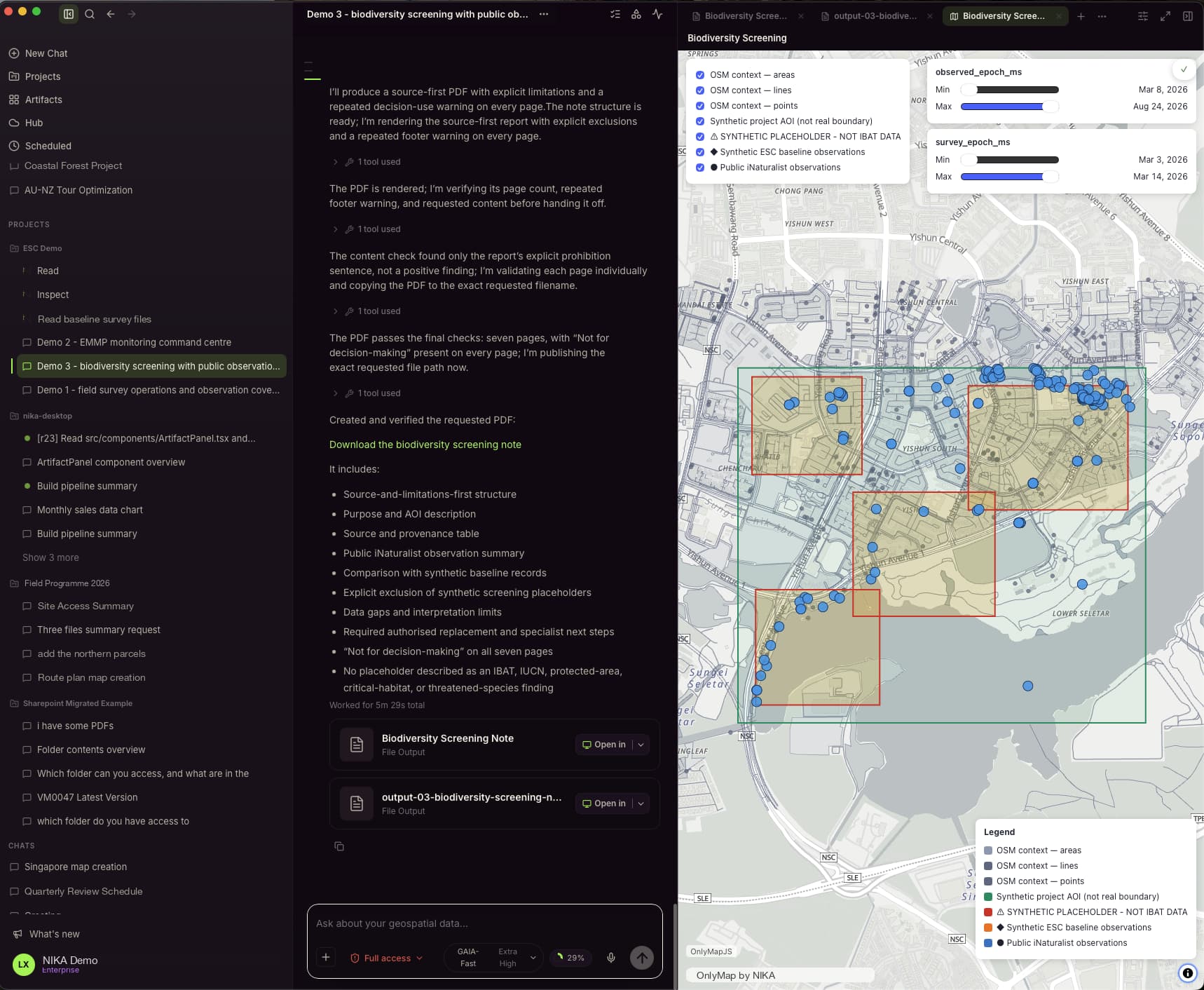 NIKA Analyst on desktop: a biodiversity screening conversation beside a live map of survey observations and project areas.