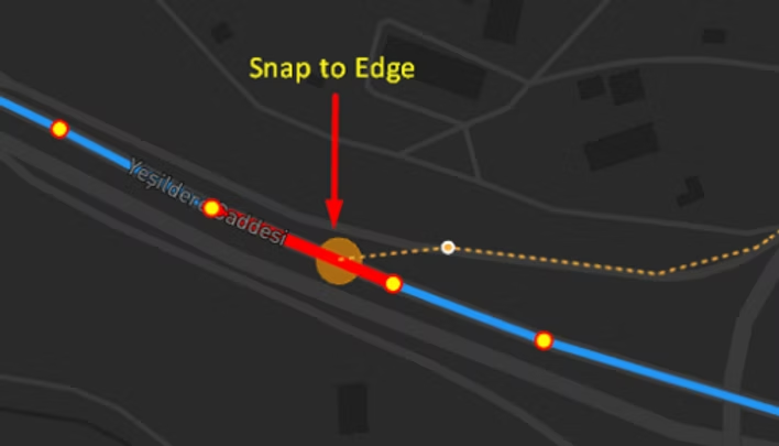 Map editor screenshot showing a road line snapping precisely to the edge of an adjacent path, labeled "Snap to Edge"