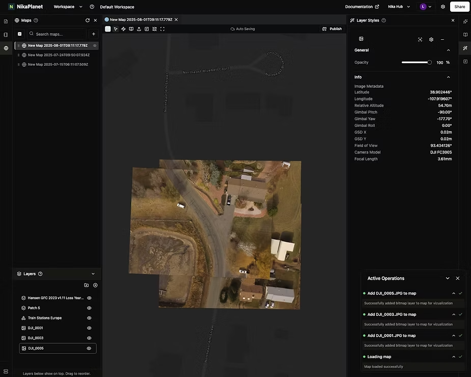 Nika Planet map platform interface showing an uploaded drone photo of a property overlaid on the map, with layer list and image metadata panels