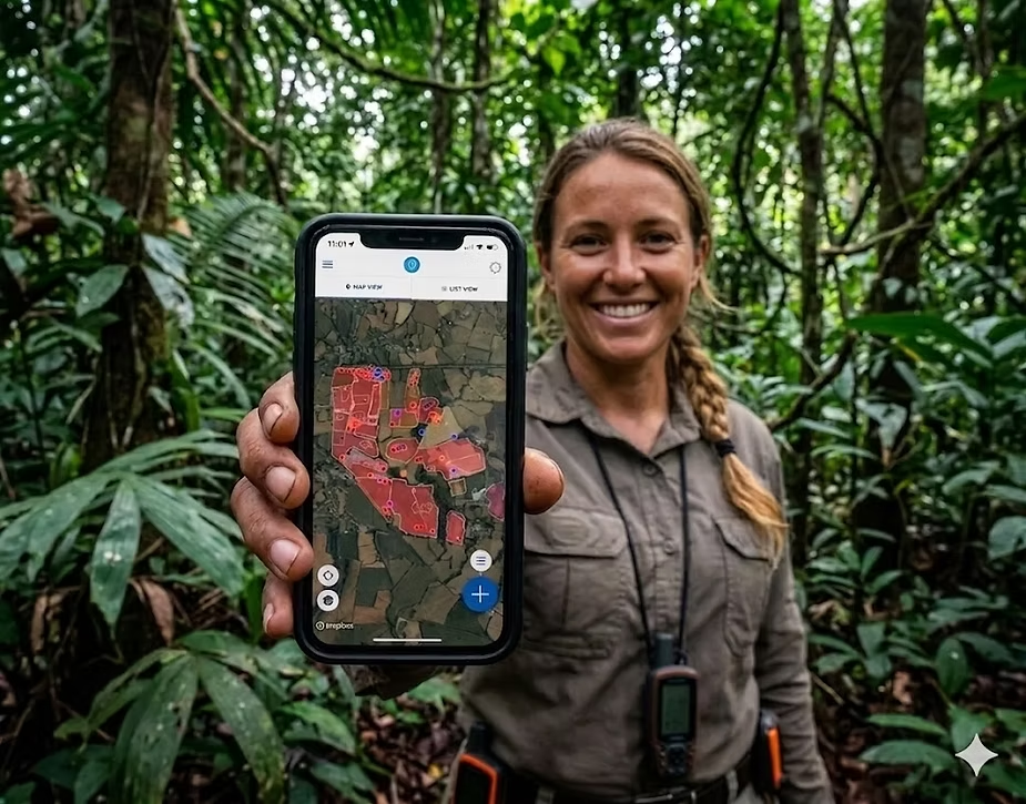 Field ecologist in a rainforest holding up a smartphone displaying a habitat map with red-outlined parcels, a GNSS receiver clipped to her belt
