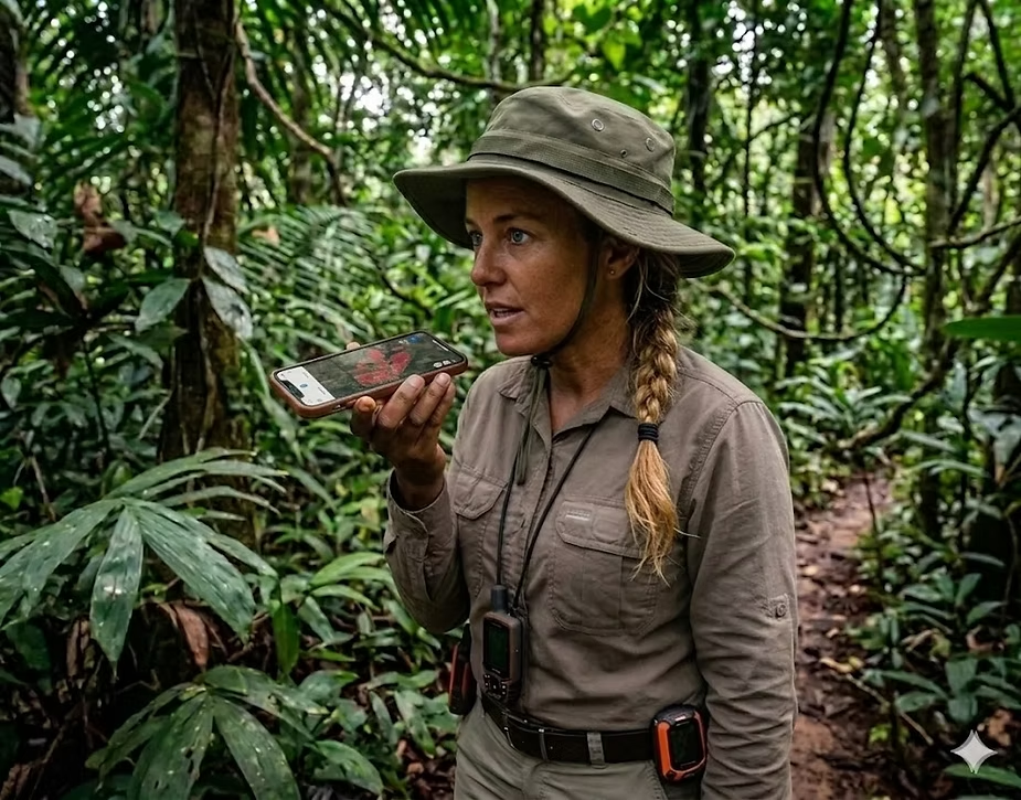 Ecologist in the forest speaking into a smartphone held up to her mouth to record voice field notes, a GNSS device clipped to her belt