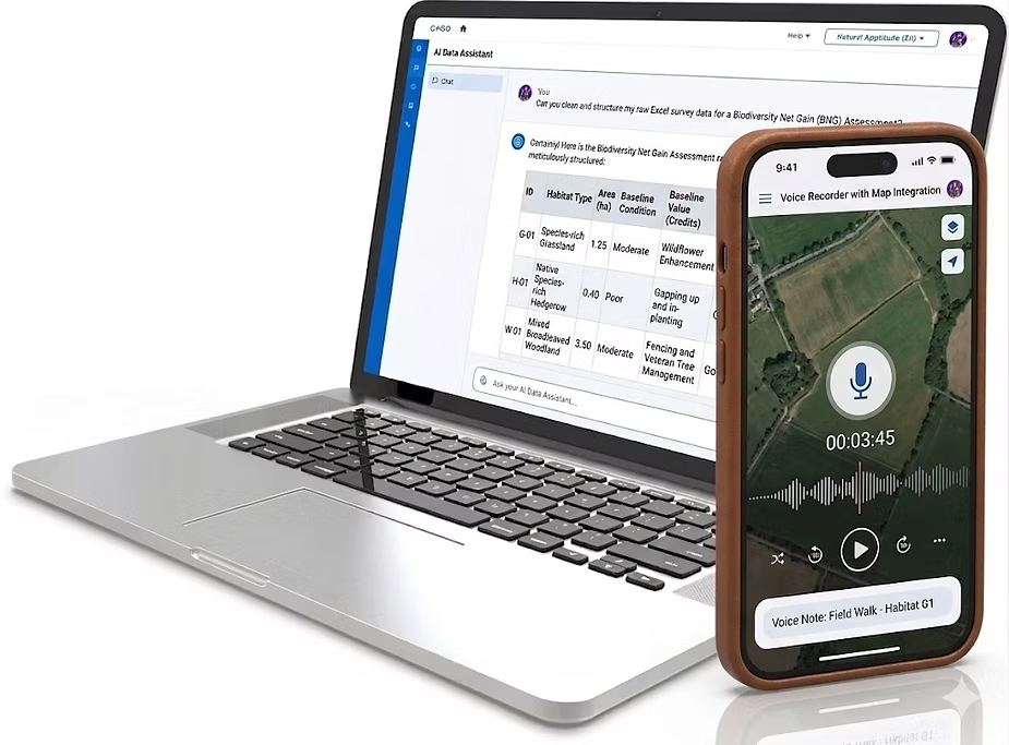 Laptop and phone showing an AI data assistant structuring a Biodiversity Net Gain metric table alongside a mobile voice-recorder app with map integration