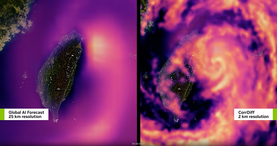 Side-by-side satellite comparison of a typhoon near Taiwan: a blurry 25km-resolution global AI forecast versus a sharply defined 2km-resolution NVIDIA CorrDiff forecast