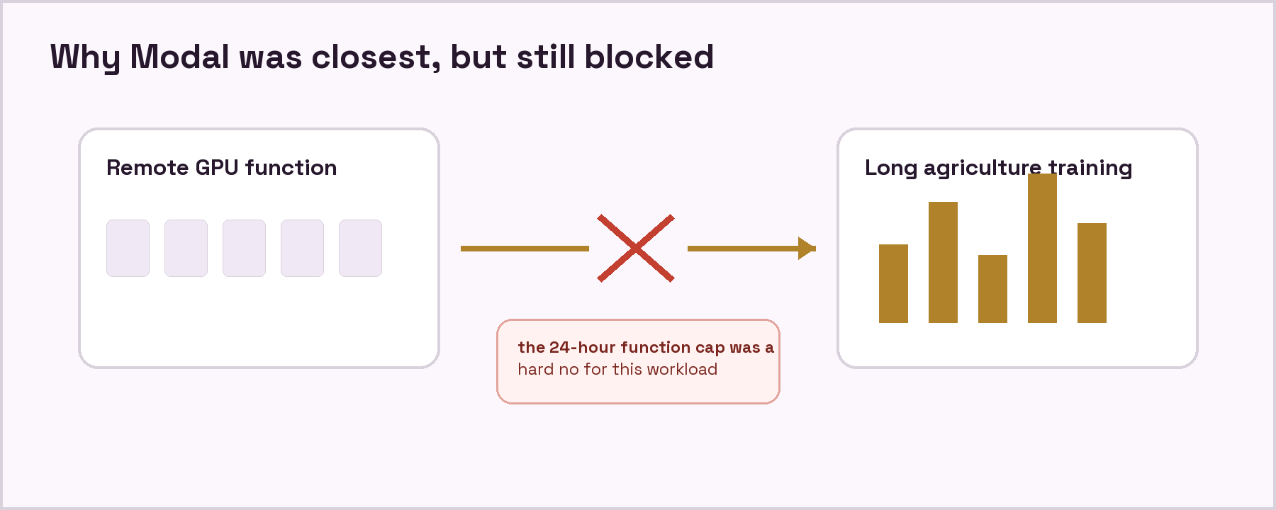 Illustration: Modal came closest technically, but long-running agriculture training could not be designed around a strict function timeout.