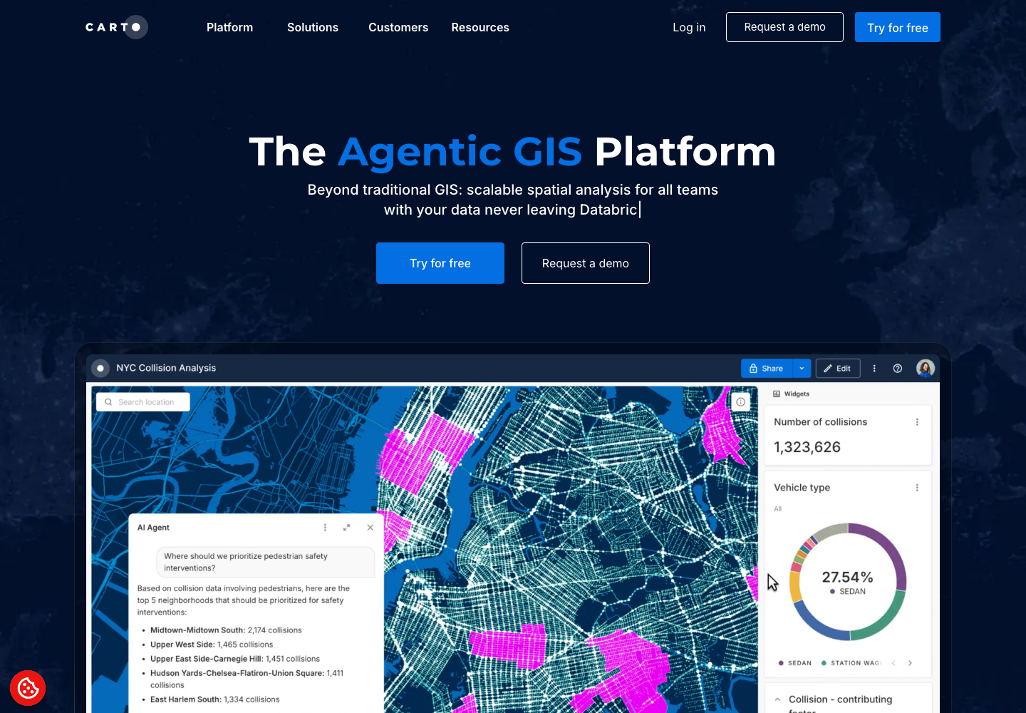 CARTO's Agentic GIS Platform homepage showing an AI agent answering a pedestrian-safety query over an NYC collision dashboard