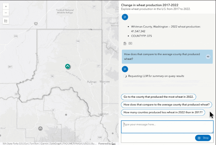 Esri ArcGIS AI assistant chat panel summarizing county wheat production data beside a US map view