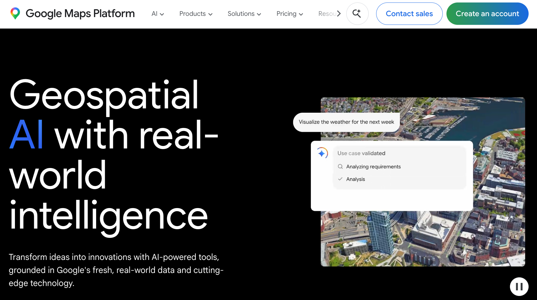 Google Maps Platform landing page for Geospatial AI, showing a satellite aerial view with a weather-visualization AI prompt overlay