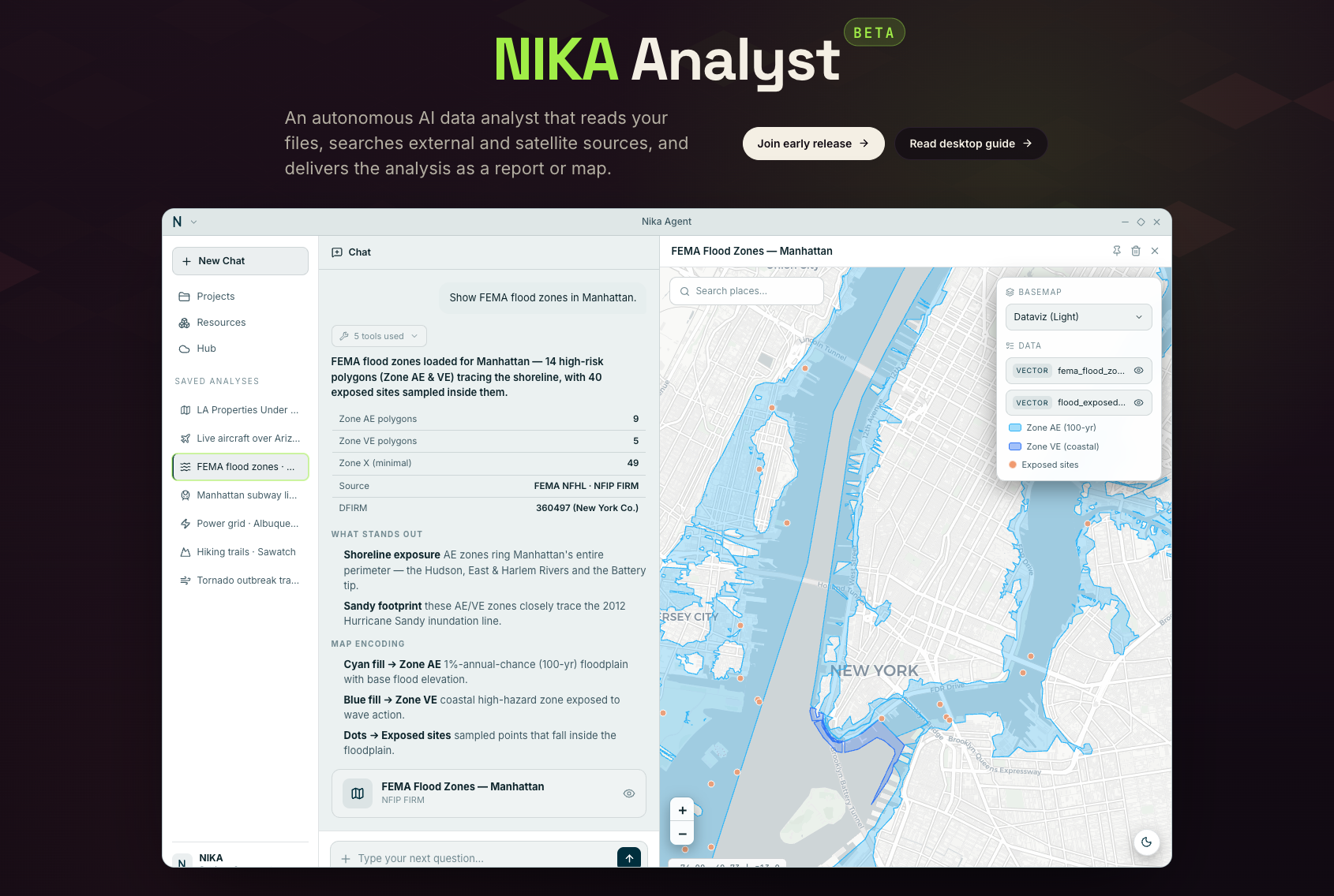 NIKA Analyst chat and map interface showing FEMA flood zones and exposed sites plotted over Manhattan