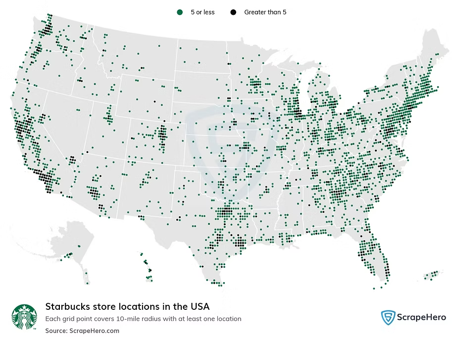 Map of Starbucks store locations across the USA, dots shaded by store density per 10-mile grid cell
