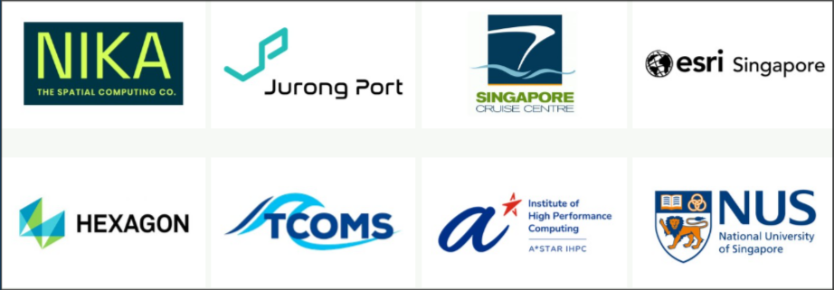 Grid of eight partner organization logos: NIKA, Jurong Port, Singapore Cruise Centre, Esri Singapore, Hexagon, TCOMS, A*STAR IHPC, and NUS