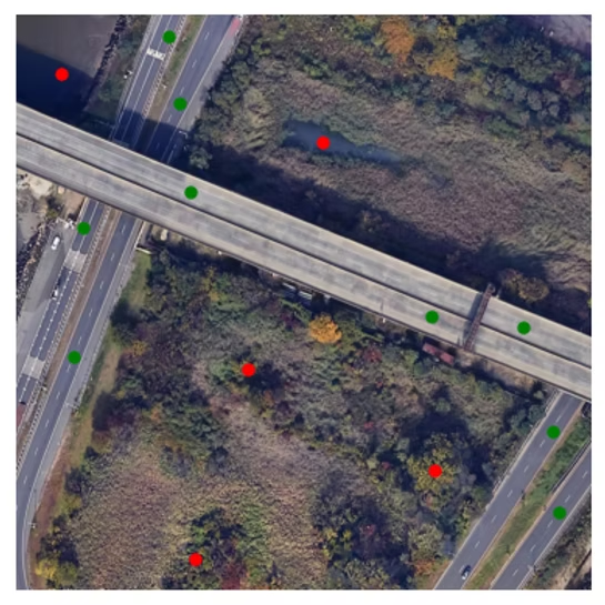 Satellite highway image with green and red dots marking positive and negative point prompts for guiding HQ-SAM road segmentation