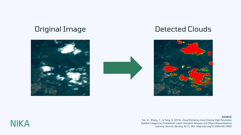 Side-by-side satellite image showing original cloud cover next to the same scene with clouds highlighted red by a detection algorithm