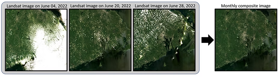 Three cloudy Landsat scenes from different June 2022 dates combined into one clear monthly composite image
