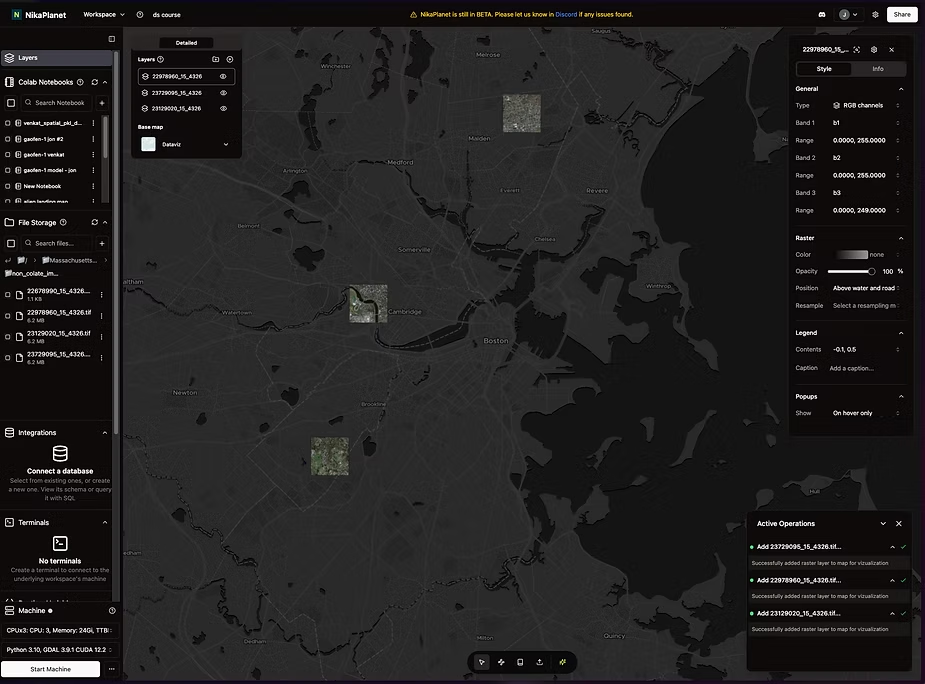 NikaPlanet map viewer showing multiple randomly shuffled raster tiles scattered non-contiguously across a region