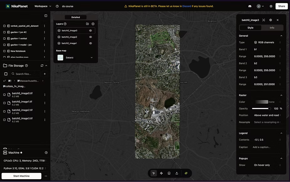 NikaPlanet map viewer showing four adjacent raster tiles grouped together in a spatially batched arrangement
