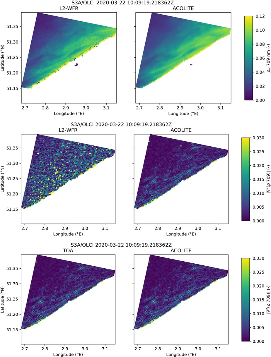 Six-panel Sentinel-3 OLCI water reflectance maps comparing standard L2-WFR output against ACOLITE, showing ACOLITE producing less noise