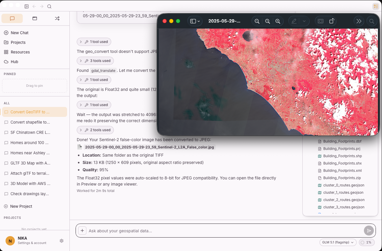 Figure 2 — NIKA converts a Sentinel-2 GeoTIFF to JPEG: it finds the right tool (gdal_translate) and preserves the original dimensions.