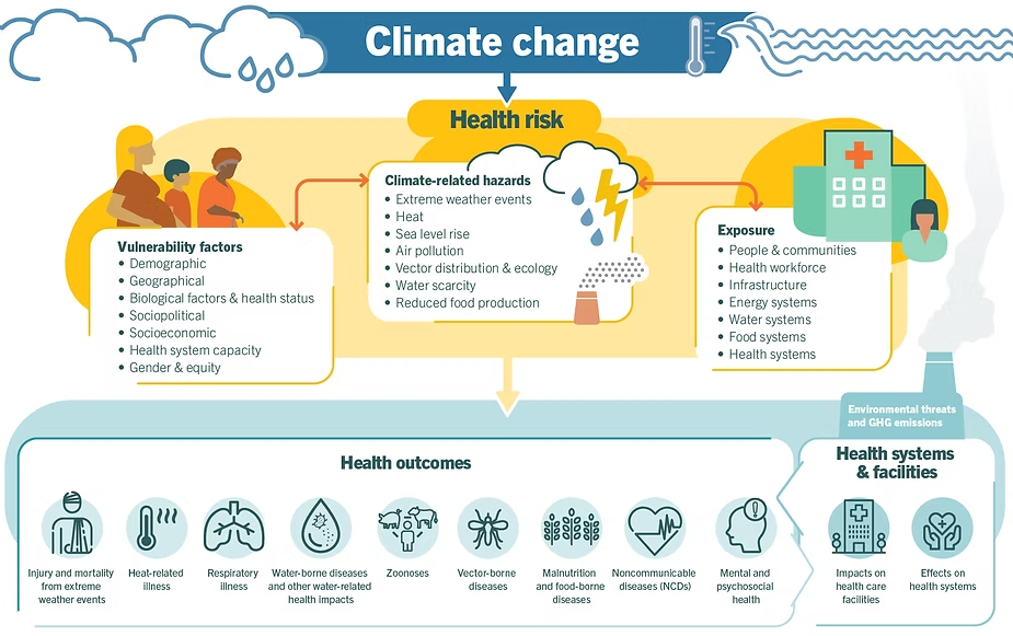 Flowchart linking climate change to health risk via hazards, exposure, and vulnerability factors, ending in health outcomes