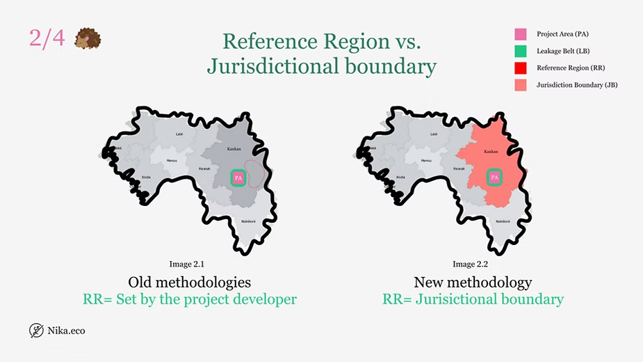 Two jurisdiction maps comparing the old developer-drawn reference region against the new methodology's fixed jurisdictional boundary around the project area