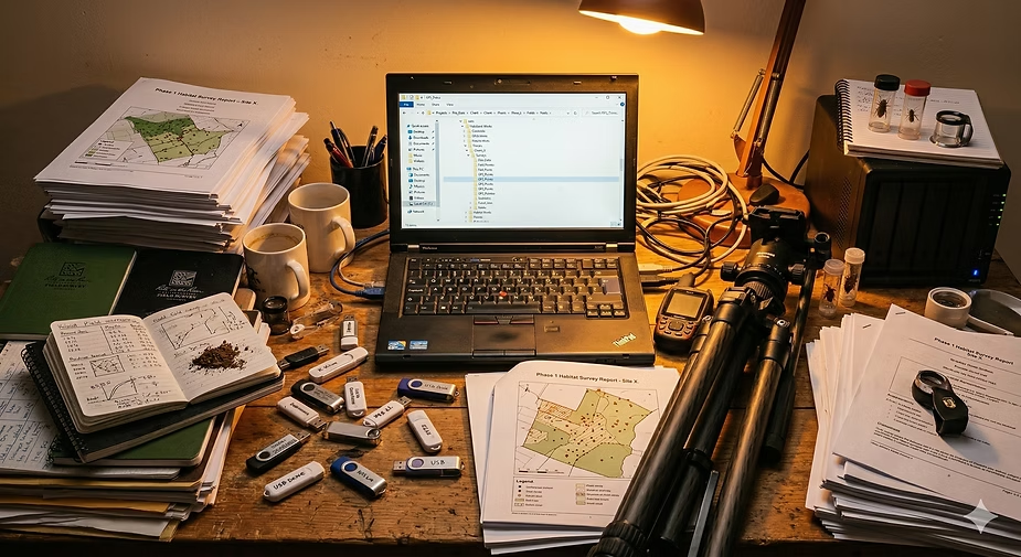 A cluttered desk with a laptop showing a file browser, stacked survey report printouts, field notebooks, USB drives, and a GPS unit