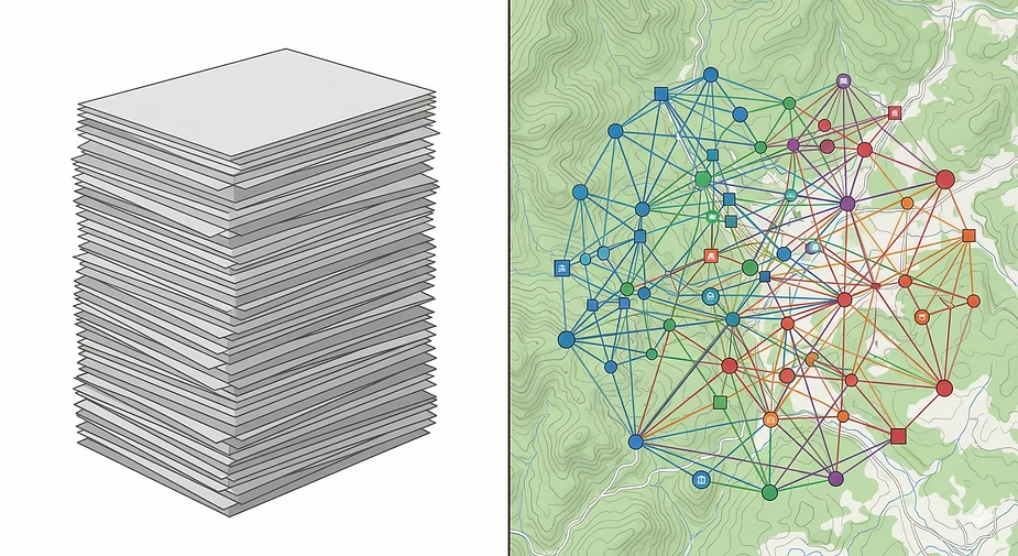 Split image contrasting a flat stack of paper documents on the left with a topographic map of interconnected, colour-coded location nodes on the right