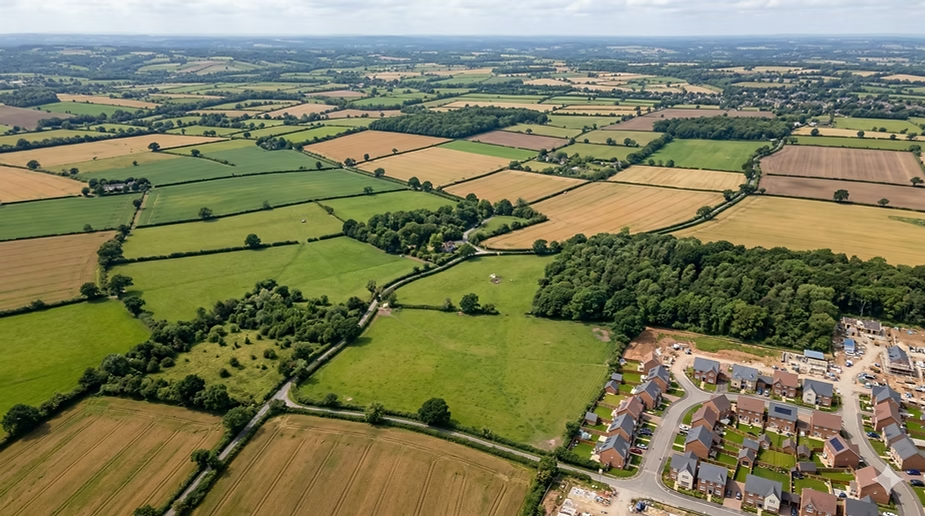 Aerial view of a patchwork of English farm fields and hedgerows bordering a new housing development under construction