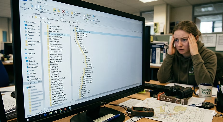 A frustrated ecologist holding her head while staring at a monitor showing a deeply nested, disorganised folder structure of old survey files