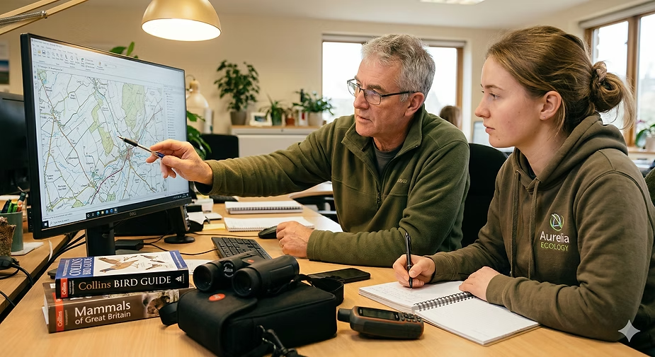 A senior and junior ecologist reviewing a habitat map on a monitor together, with field guides and binoculars on the desk